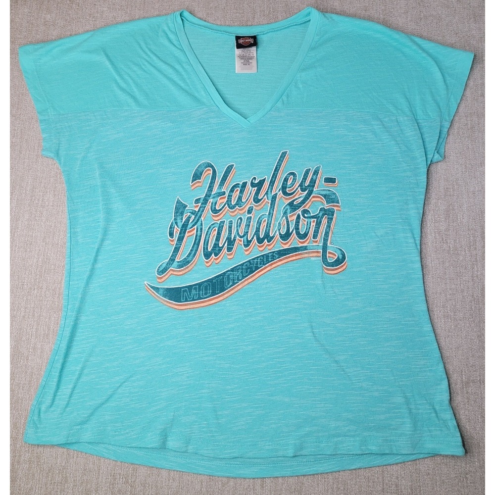 Harley Davidson Graphic T-Shirt Women XL Teal V-Neck Barnett El Paso Texas